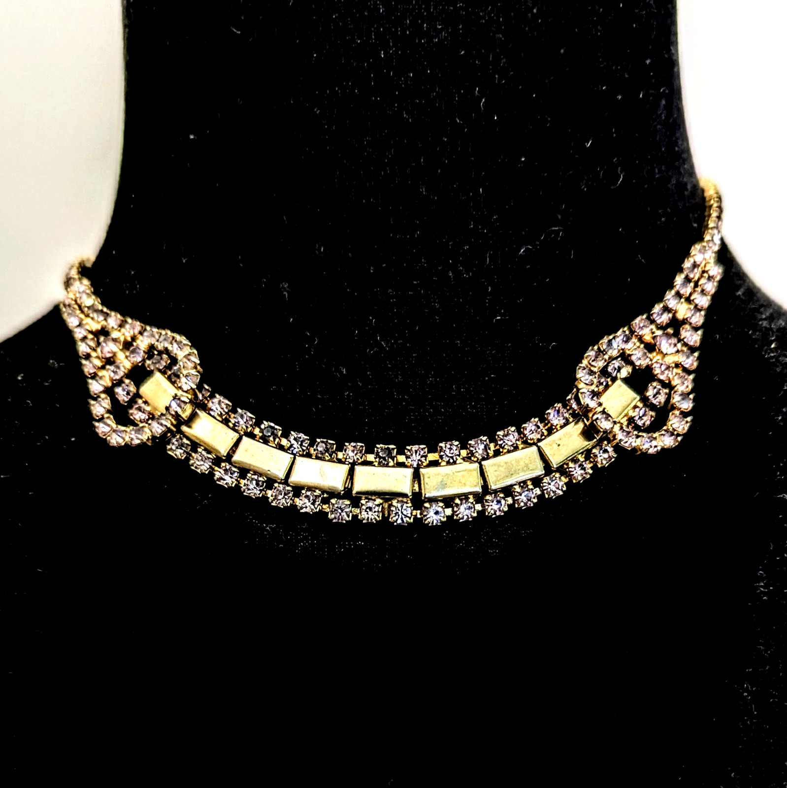 Vintage Rhinestone Pink Mauve Gold Tone Choker Necklace 14-16″