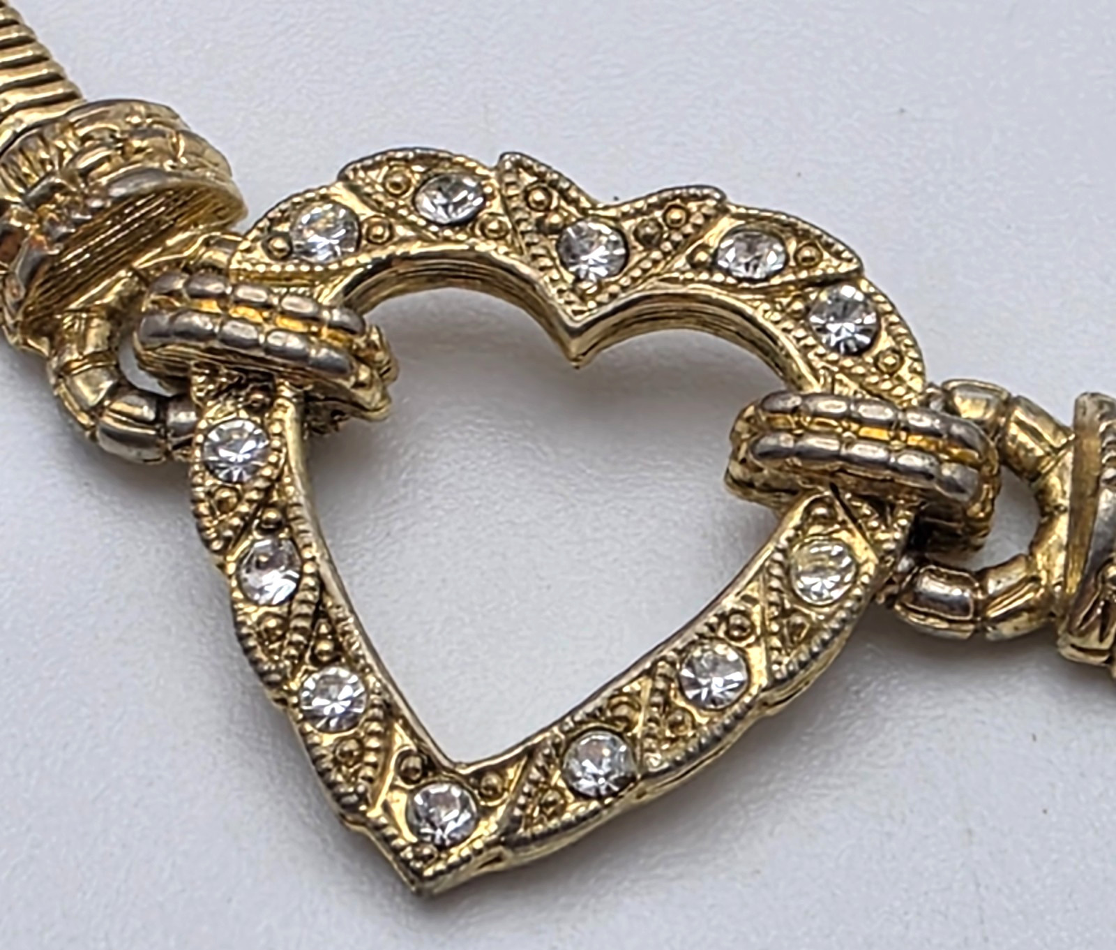 Gold Tone Open Heart Crystal Pave Herringbone Chain Bracelet 7.25 In Vintage