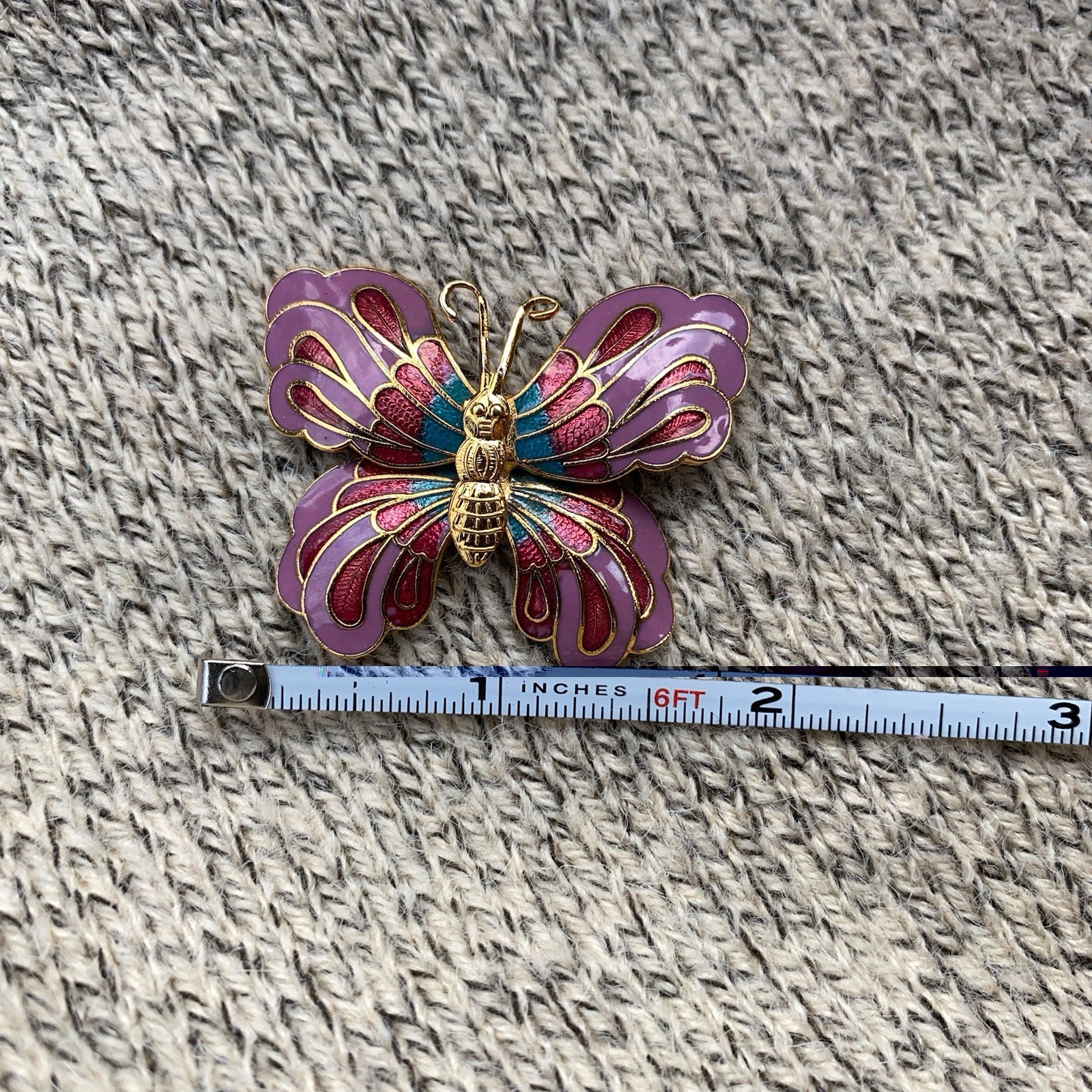Vintage Butterfly Brooch Cloisone 3D Enamel Pink Lepidoptra 80s Gift Gold Tone