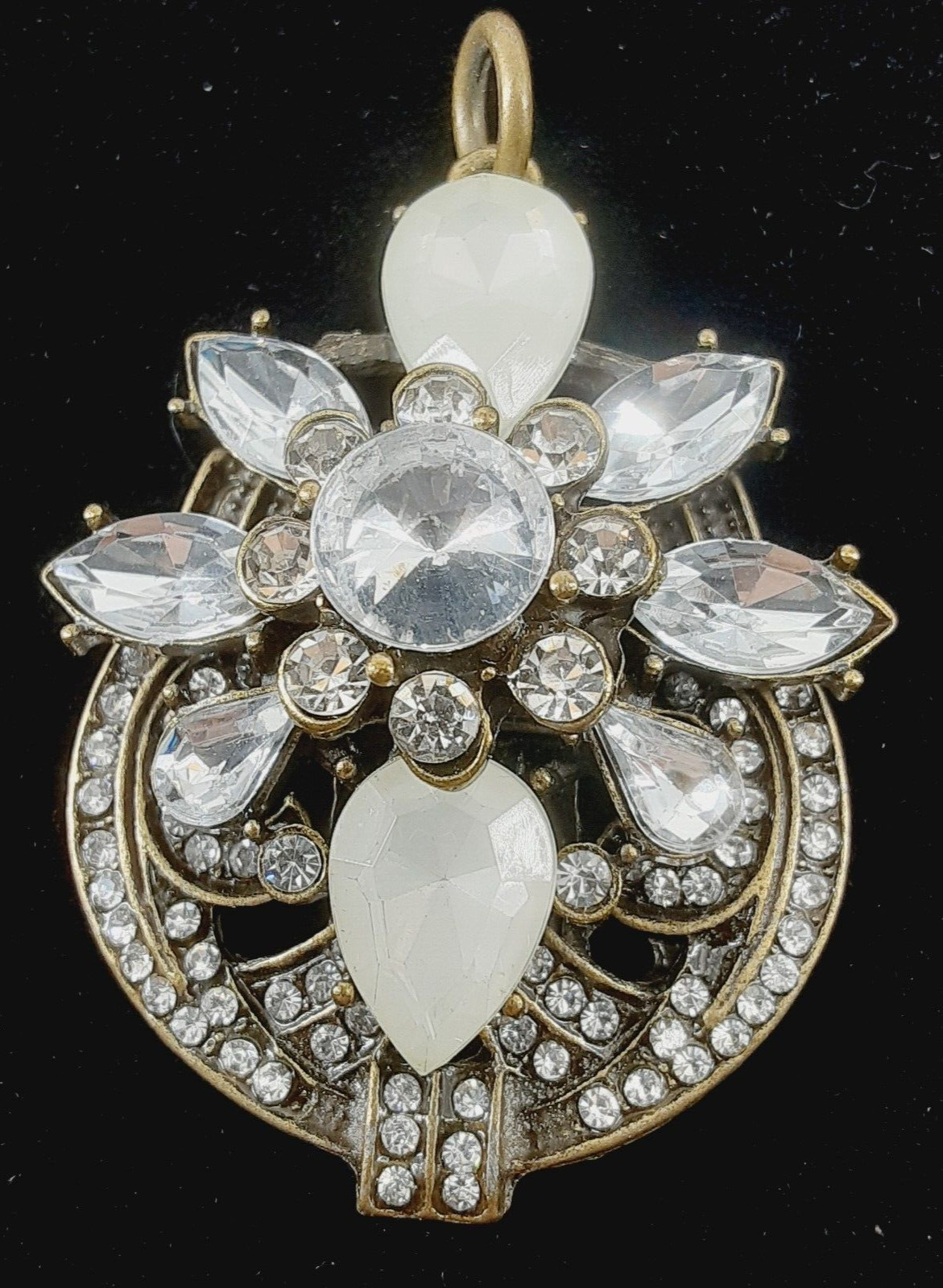Victorian Inspired Gold Tone Filigree Crystal Rhinestone Oval Pendent No Chain