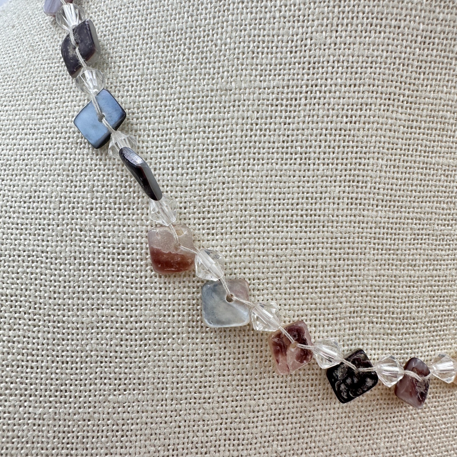 Vintage 90s Square Tile Shell Glass Beaded Choker Necklace Silver Tone Jewelry