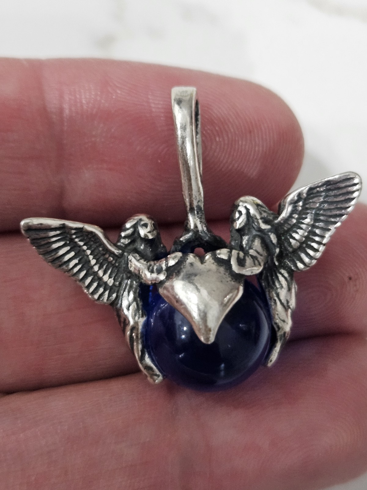VTG Signed AICC Sterling Silver Winged Guardian Angel Heart Blue Orb Pendant