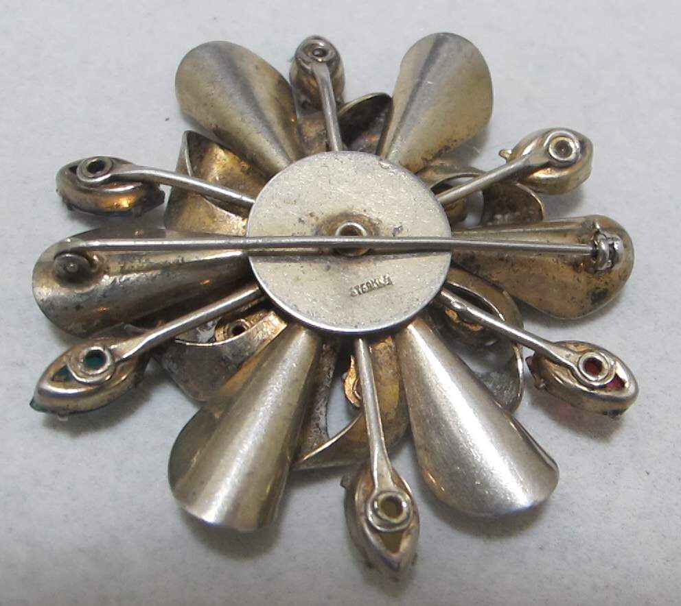 Vtg 2-3/8” Gold-Plated Sterling Layered Brooch Multi Color Rhinestones 30 Grams