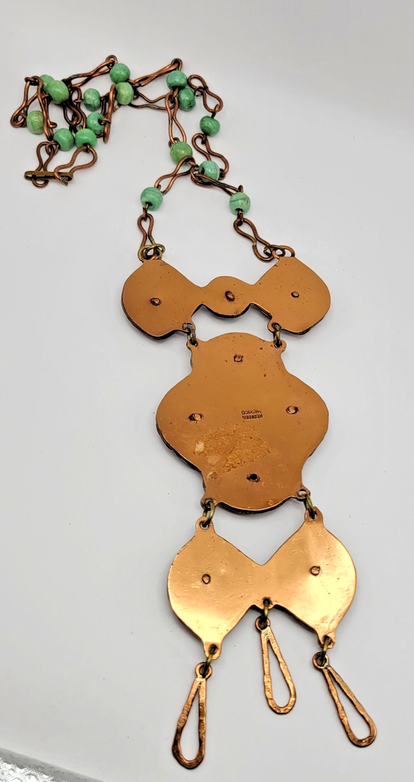 Vintage Casa Maya Copper Brass Green Stone Statement Pendant Necklace as-is ~24″