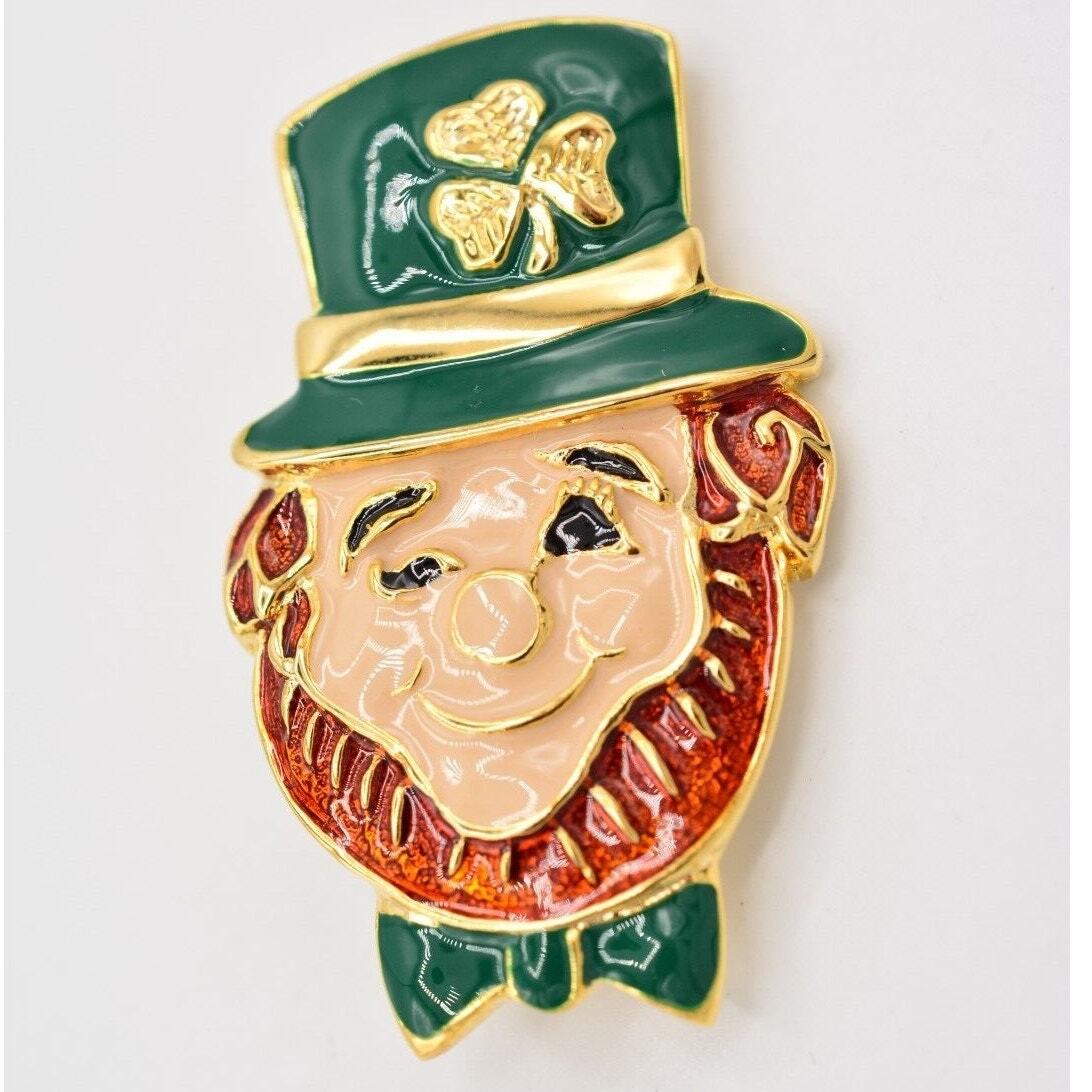 Vintage Leprechaun Shamrock Pin Brooch Green St. Patrick’s NOS 1980s BinA6