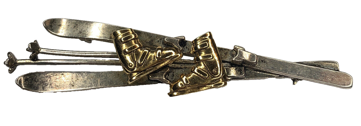 DARLENE Big Winter Skiing Brooch Ski Poles Boots Skis Signed Two Toned 15g VTG