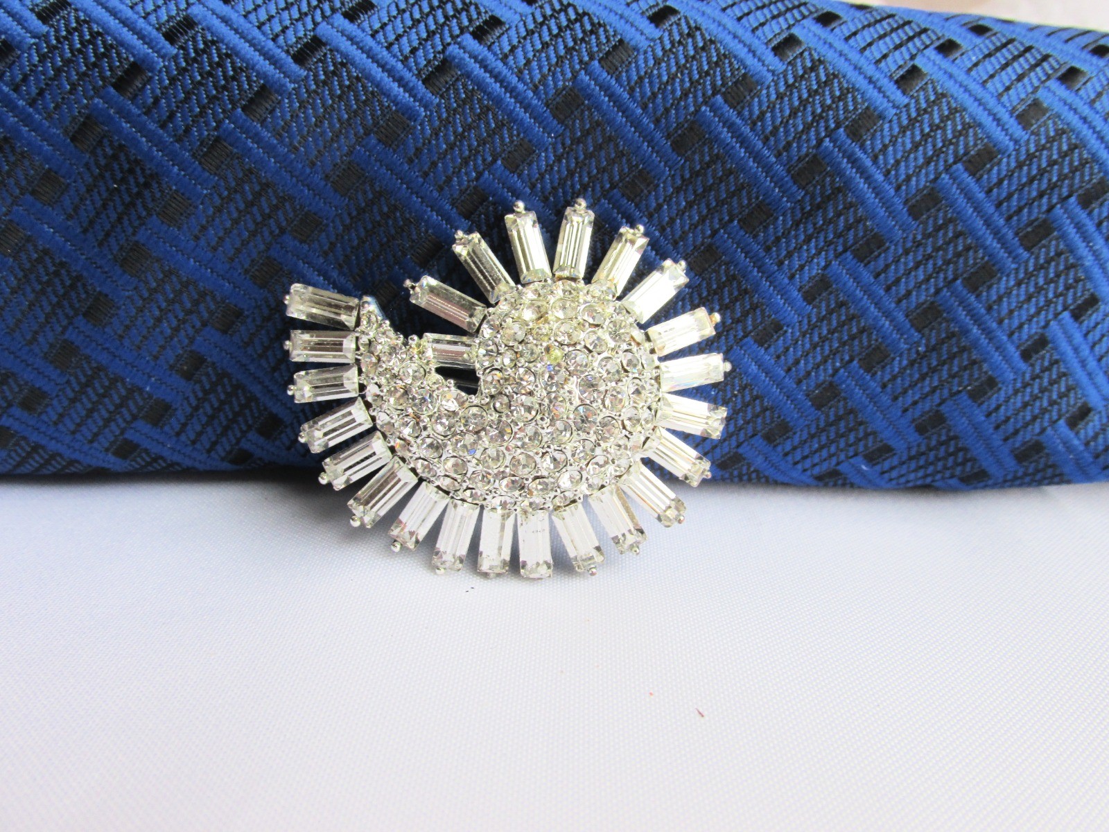 Vintage Elegant Clear Baguettes Rhinestone Pin Silver Plate Curled Fan Shape