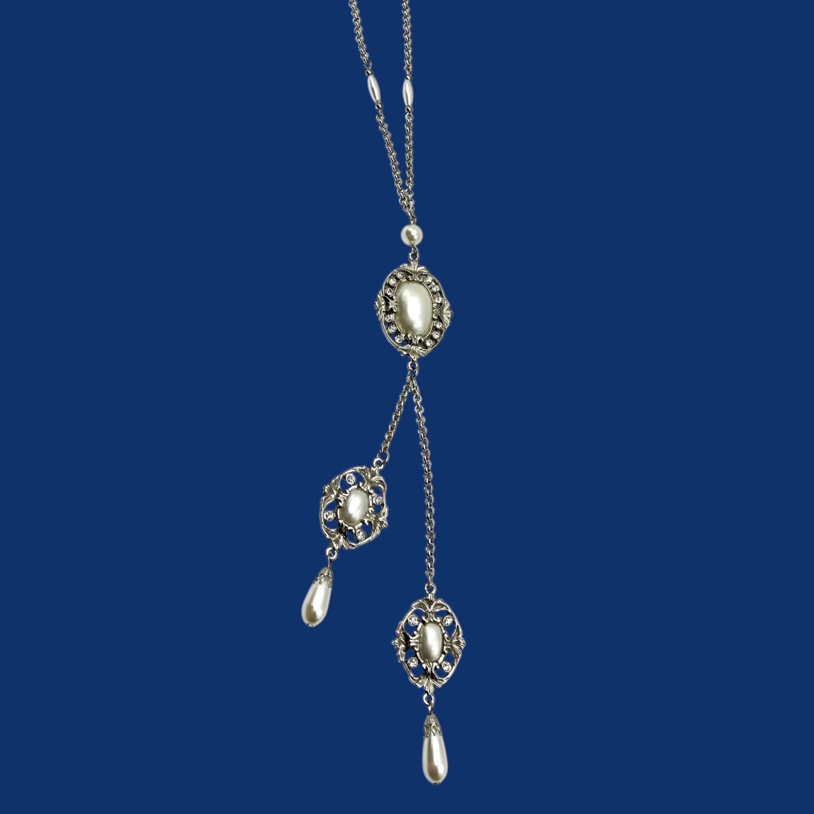 Vintage Y Drop Necklace Imitation Pearl Cabochon Dangle Charm Victorian Style