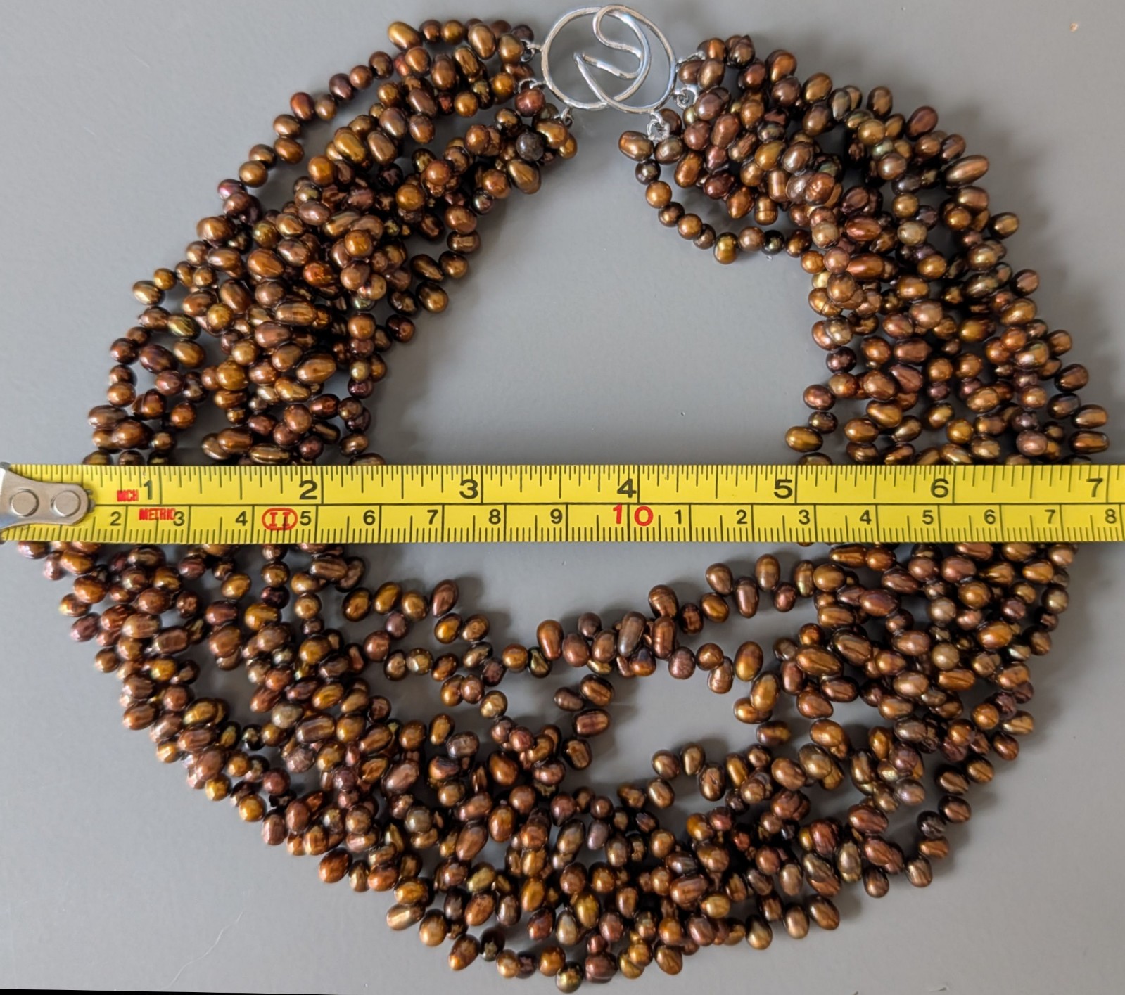 Multi Strand Bronze Freshwater Pearl Torsade Necklace 925 Silver