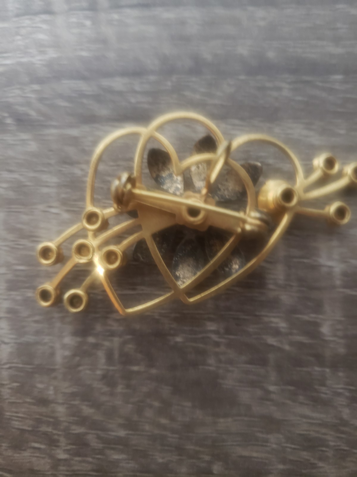 Vintage 70’s Enameled Flower With A Red Stone,Double Heart Brooch And Bracelet