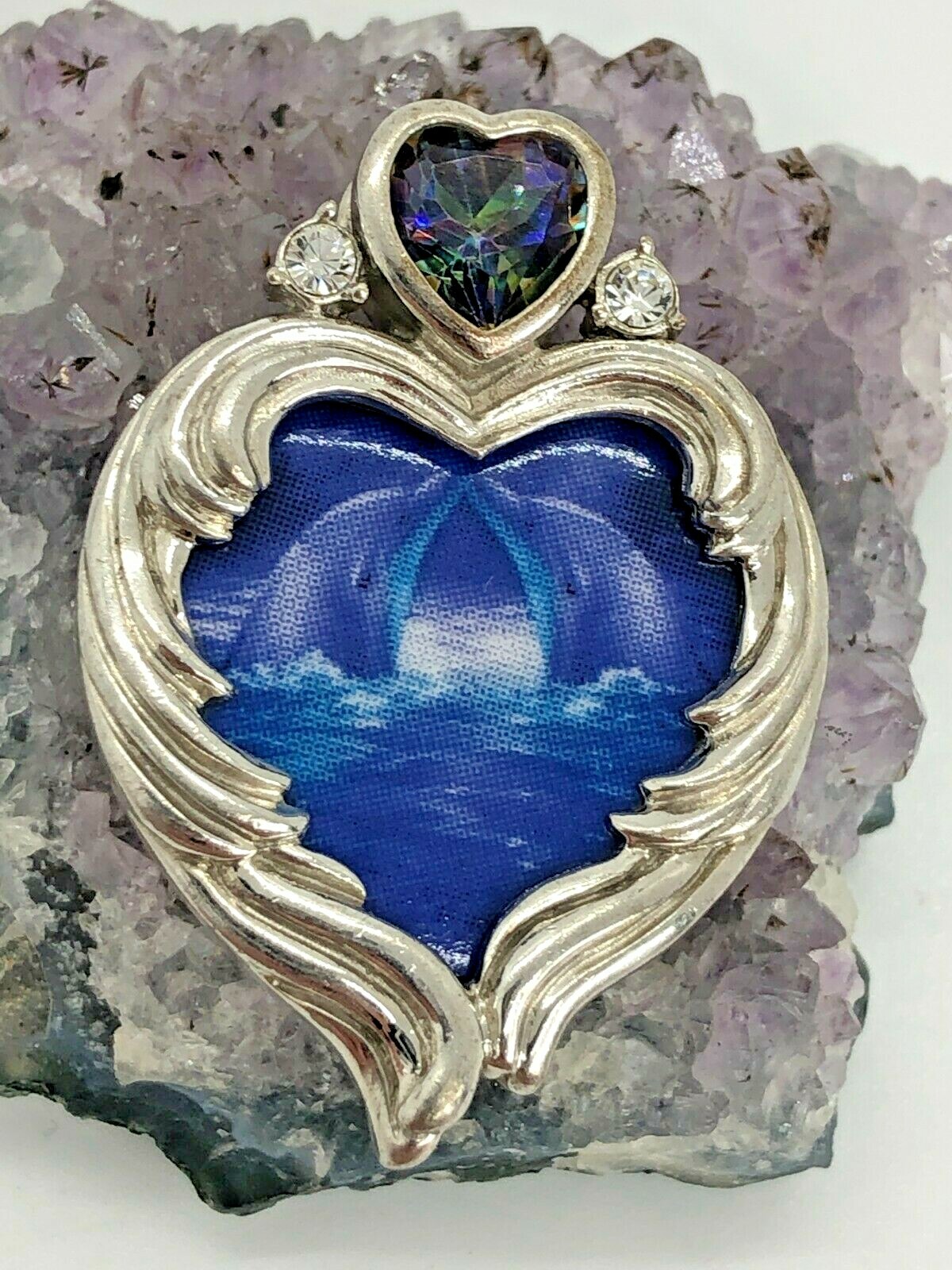 BGE Sterling Silver 7mm Mystic Topaz Kissing Dolphins Heart Pendant 8.4 Grams