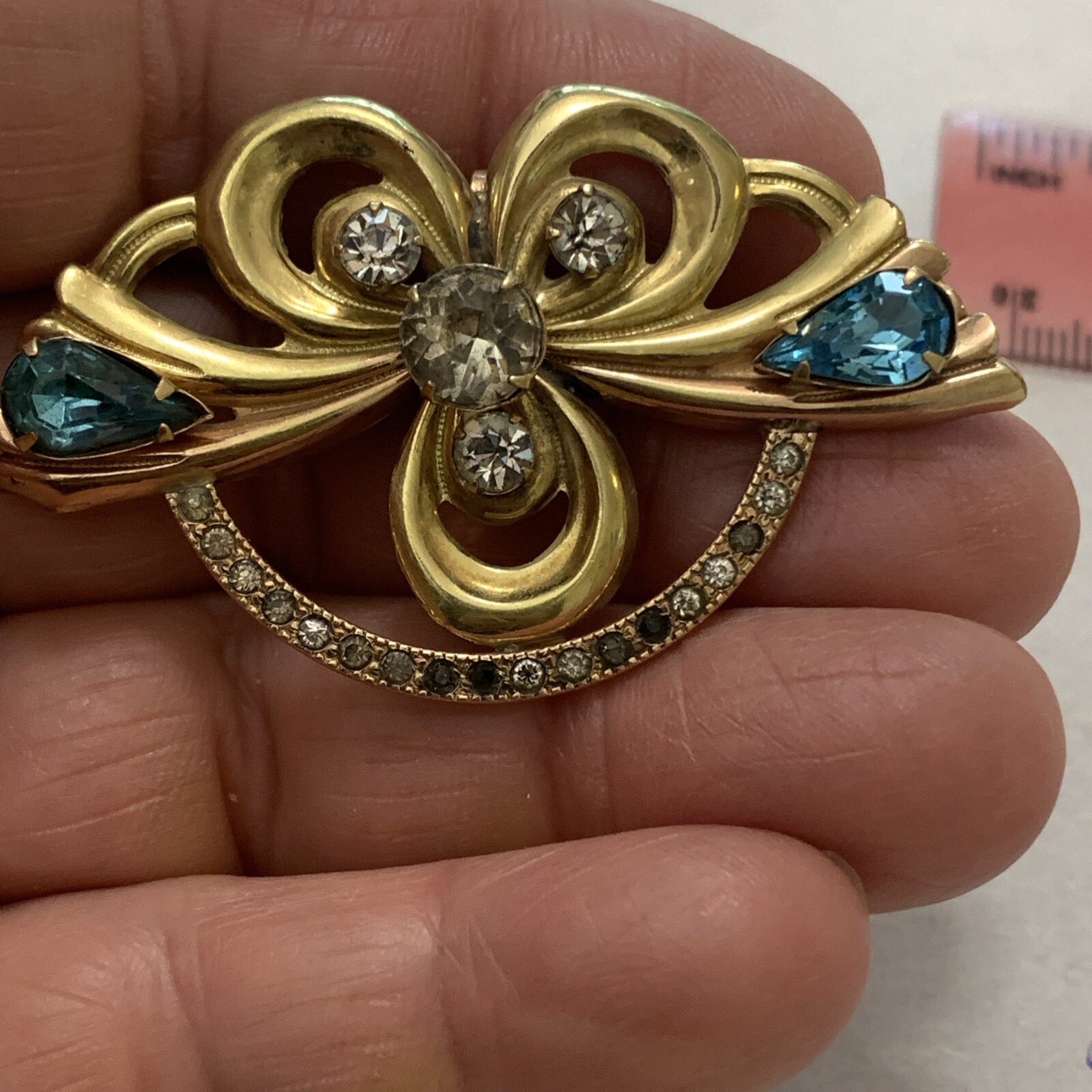 Co? 12k Gold Filled Brooch Pendant Ca. 1950 Clear Andfaux Blue Topaz