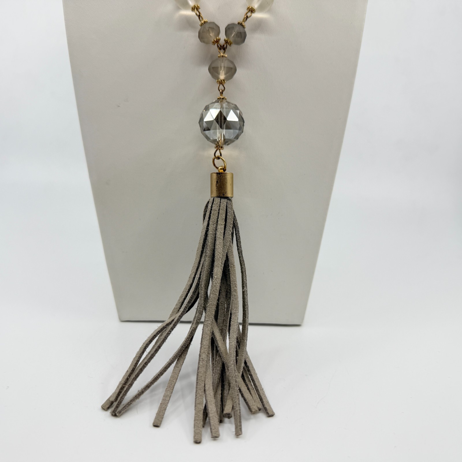 Vintage Boho Suede Tassel Pendant Necklace Gray Glass Beaded Long Statement