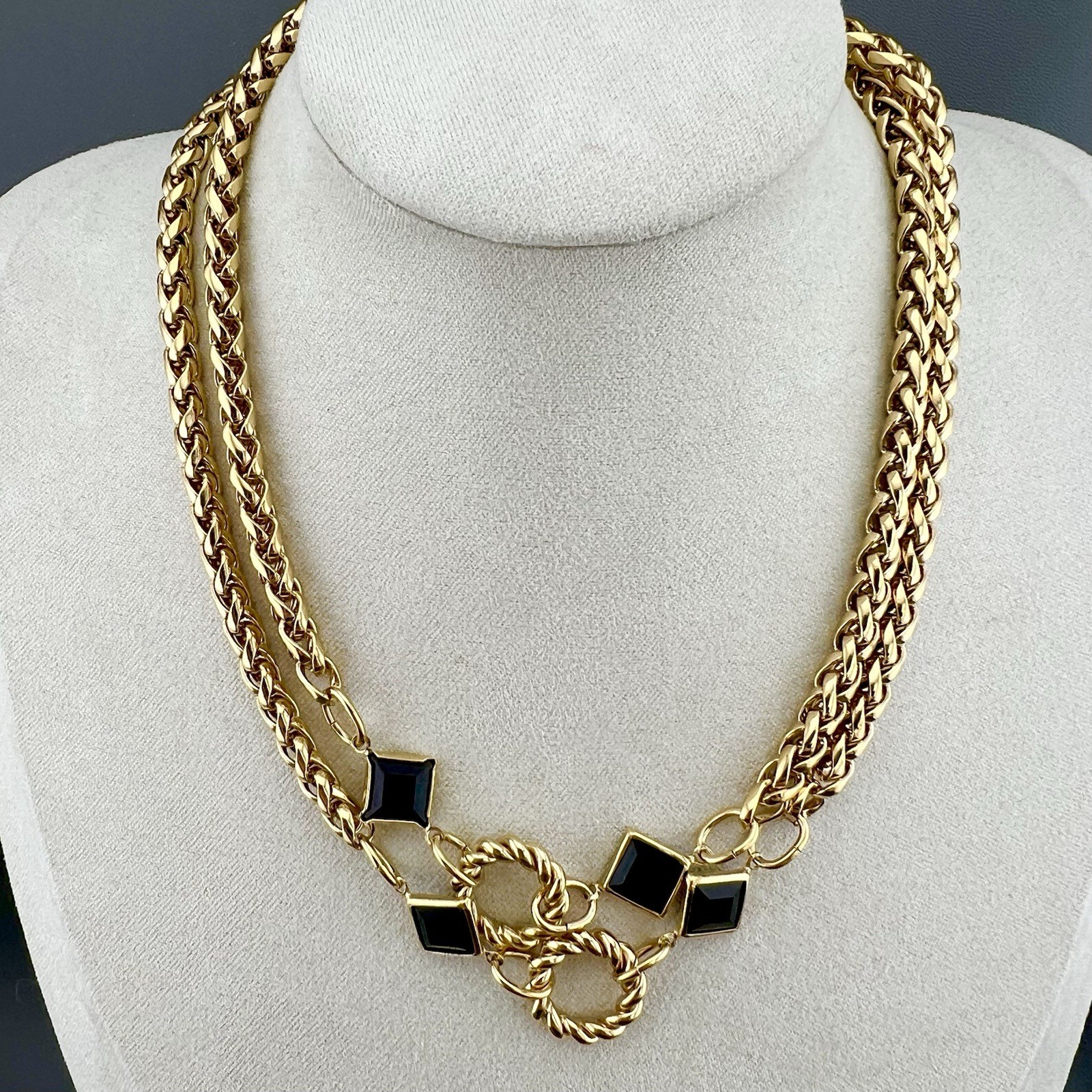 Vintage Princess House Necklace Glass Bezel Set Wheat Chain Gold Tone Signed 30”