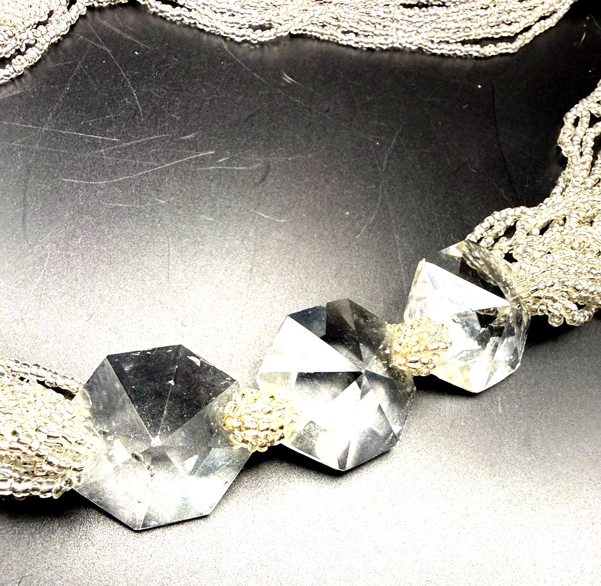 Vintage 25 Strand Silver Tone Clear Seed Bead & Faceted Crystal Necklace