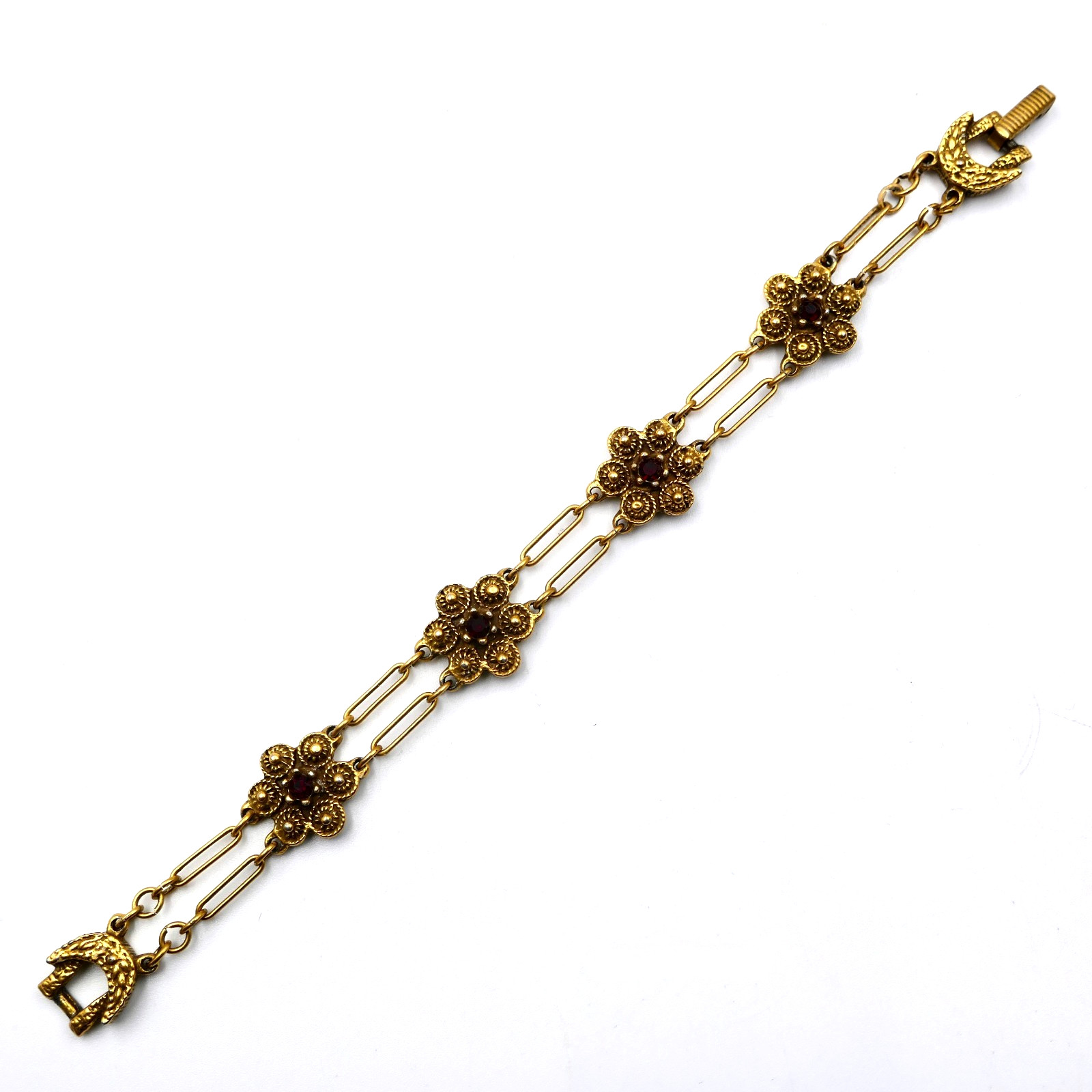 Goldette Red Rhinestone Bracelet 7.25″ Paper Clip Links Floral Gold Vintage