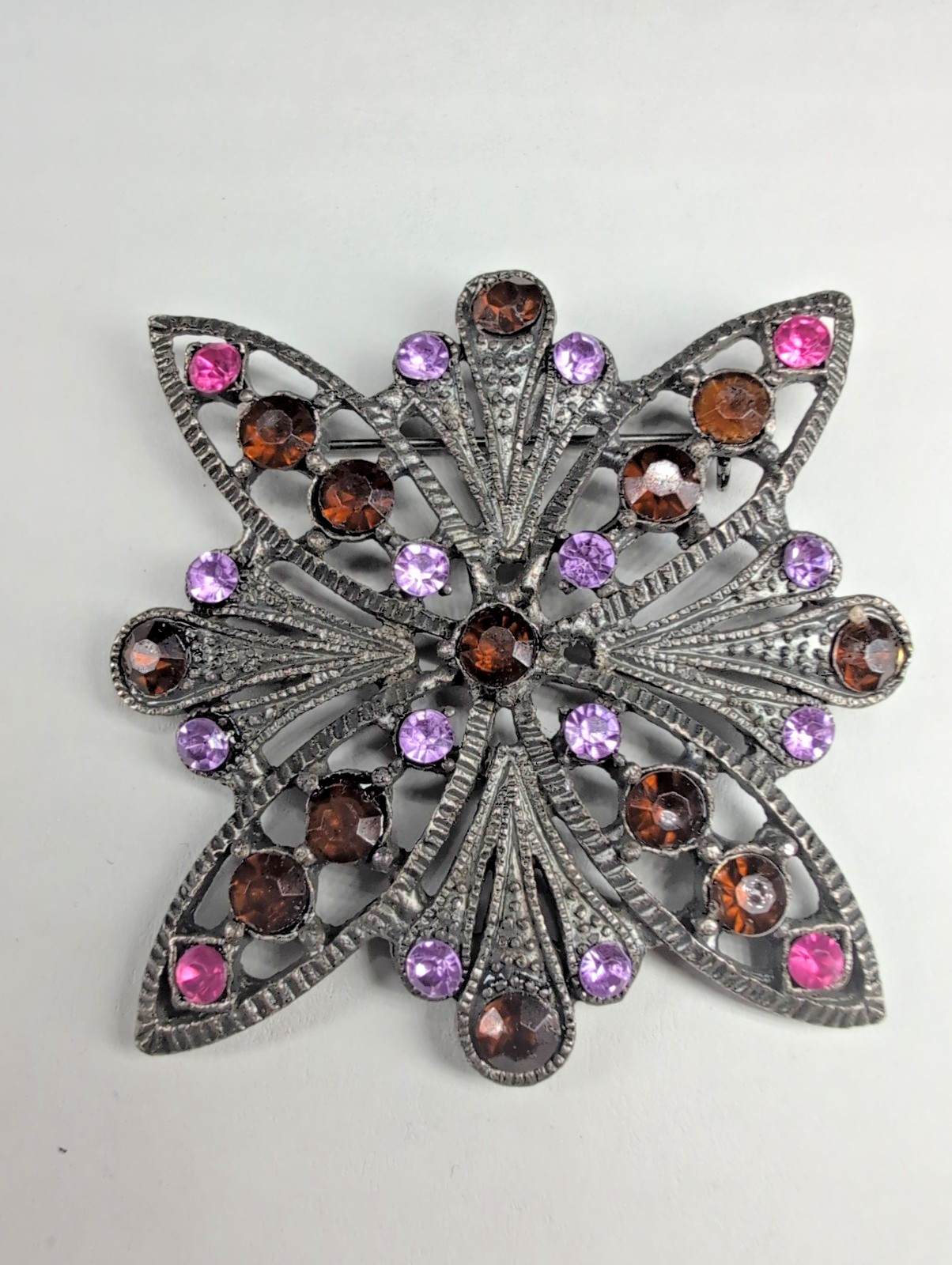 Vintage Rhinestone Brooch Filigree Pink Purple Amber Floral Pin Estate Jewelry