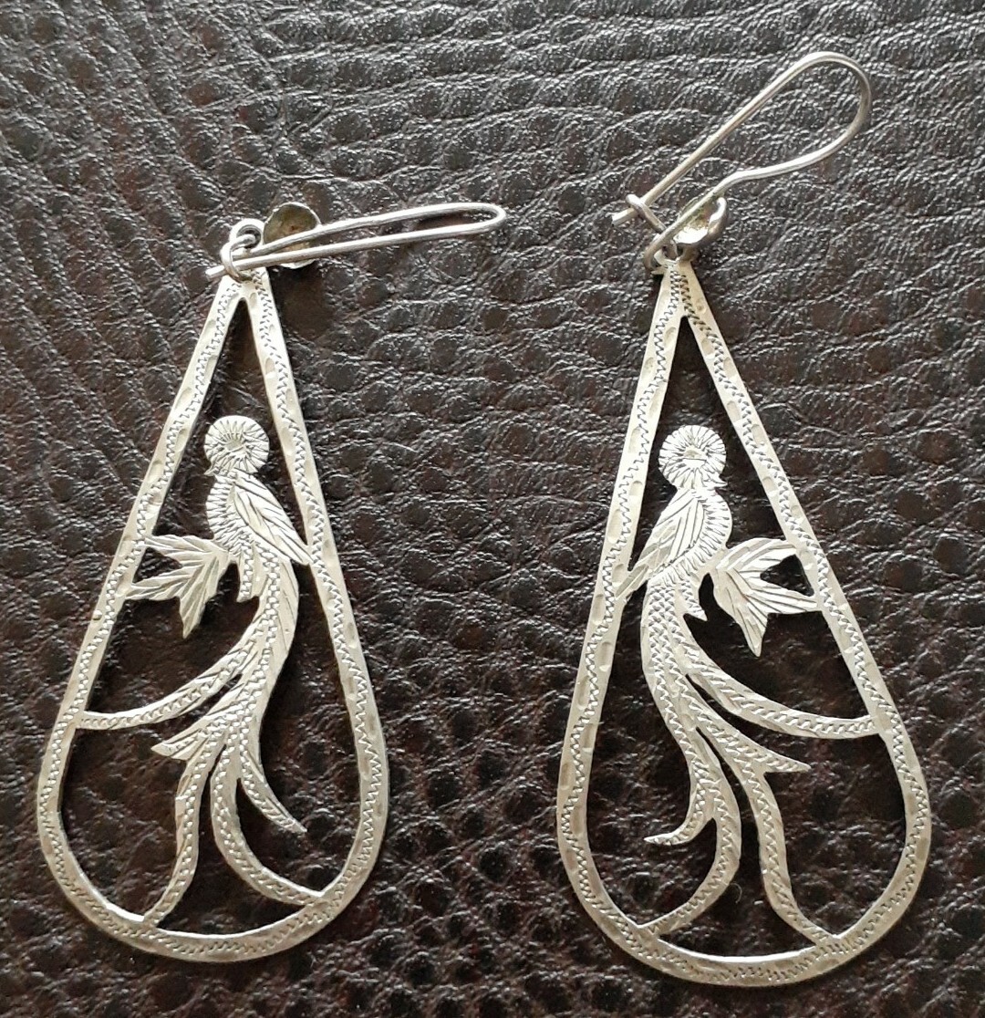 Vintage Guatemala 900 Silver Bird Of Paradise Pendant Earrings Set