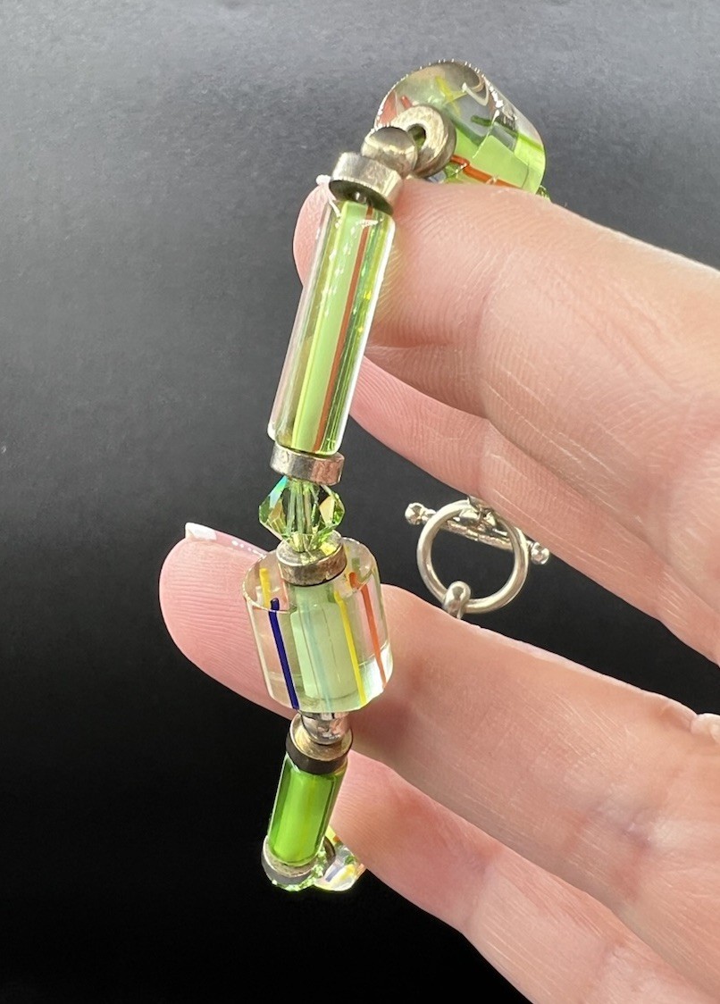 Sterling Silver, Blown Glass, Faceted Crystal Bracelet, 7”