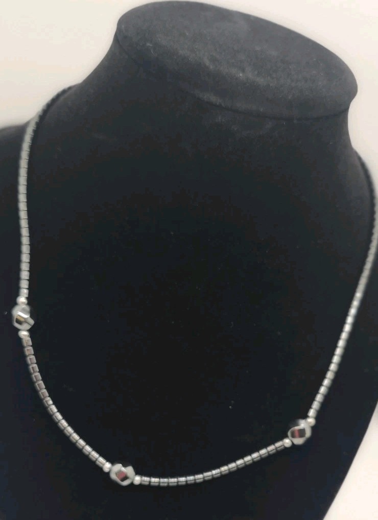 Genuine Hematite Beaded Necklace Gunmetal Metallic Grey Stone Hexagon Accents