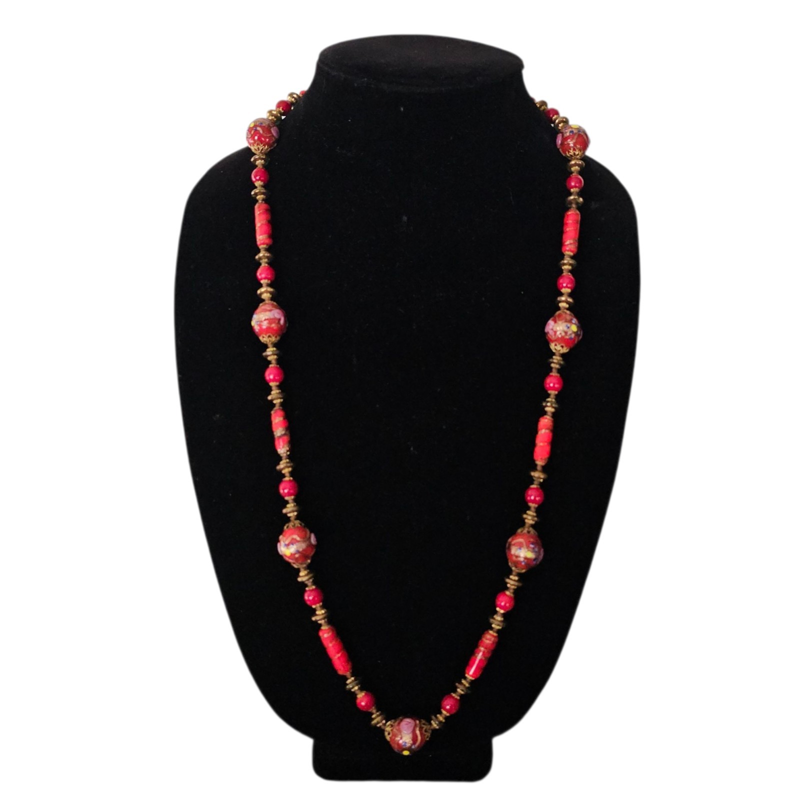 Venetian Murano Red Copper Wedding Cake Bead Necklace Hand Knot Vintage 30”