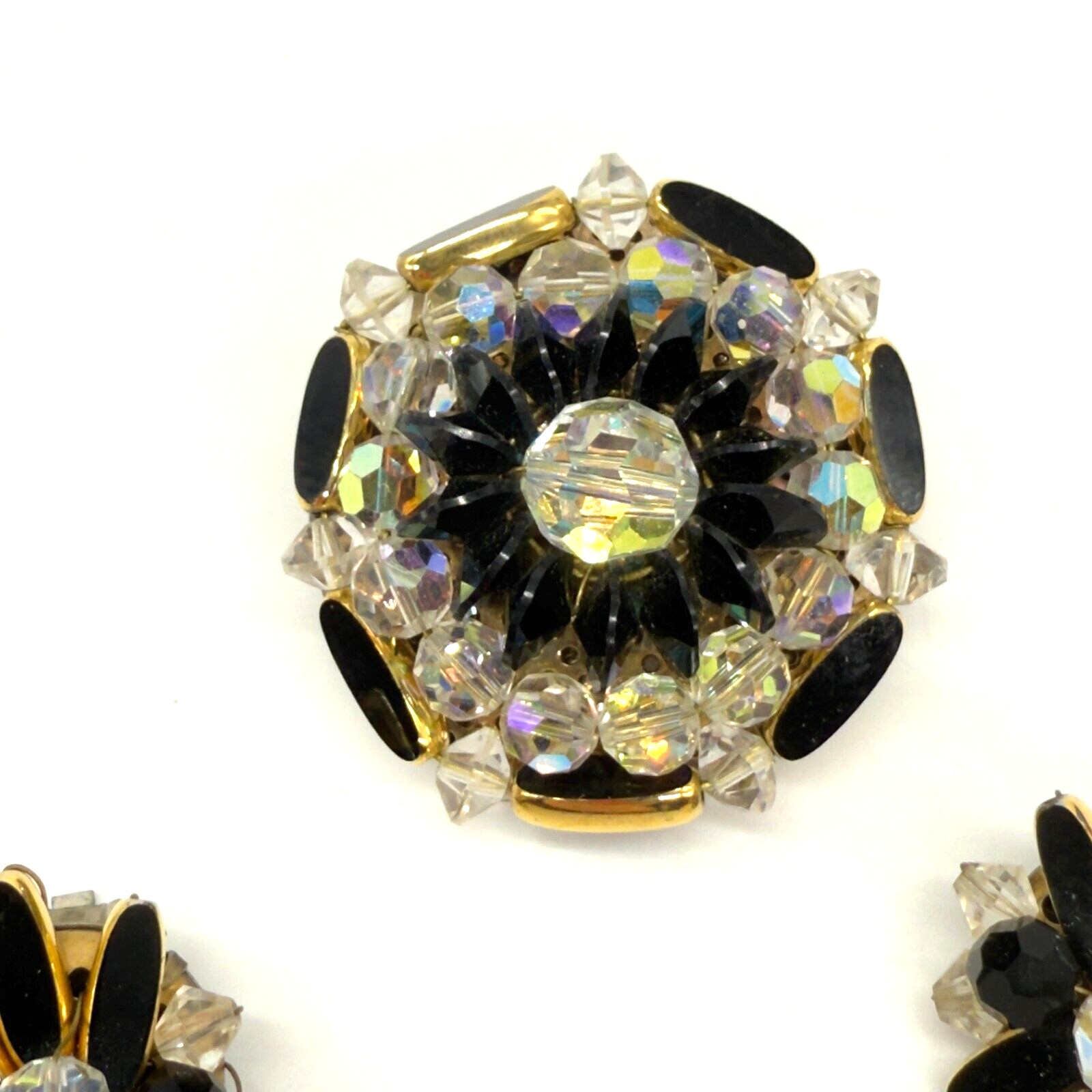 Vintage Brooch Earrings Black and AB Acrylic Beads Black Enamel