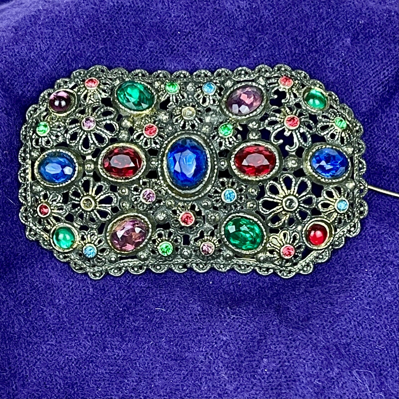 Estate Brooch New England Glass Works Vibrant Colors Faceted Stones Vtg 3” Pin