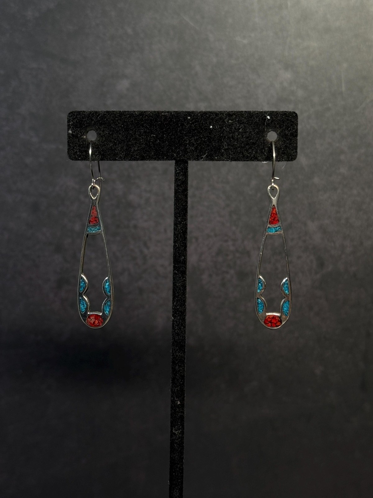 Southwestern Sterling Silver Turquoise Coral Inlay Drop Earrings