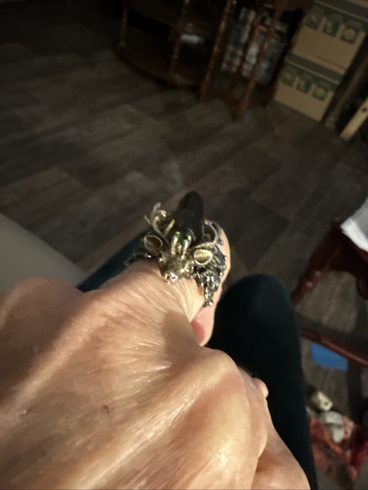 Vintage Reindeer Ring Sterling With A Black Beryl Stone And A Green Stone Size 8