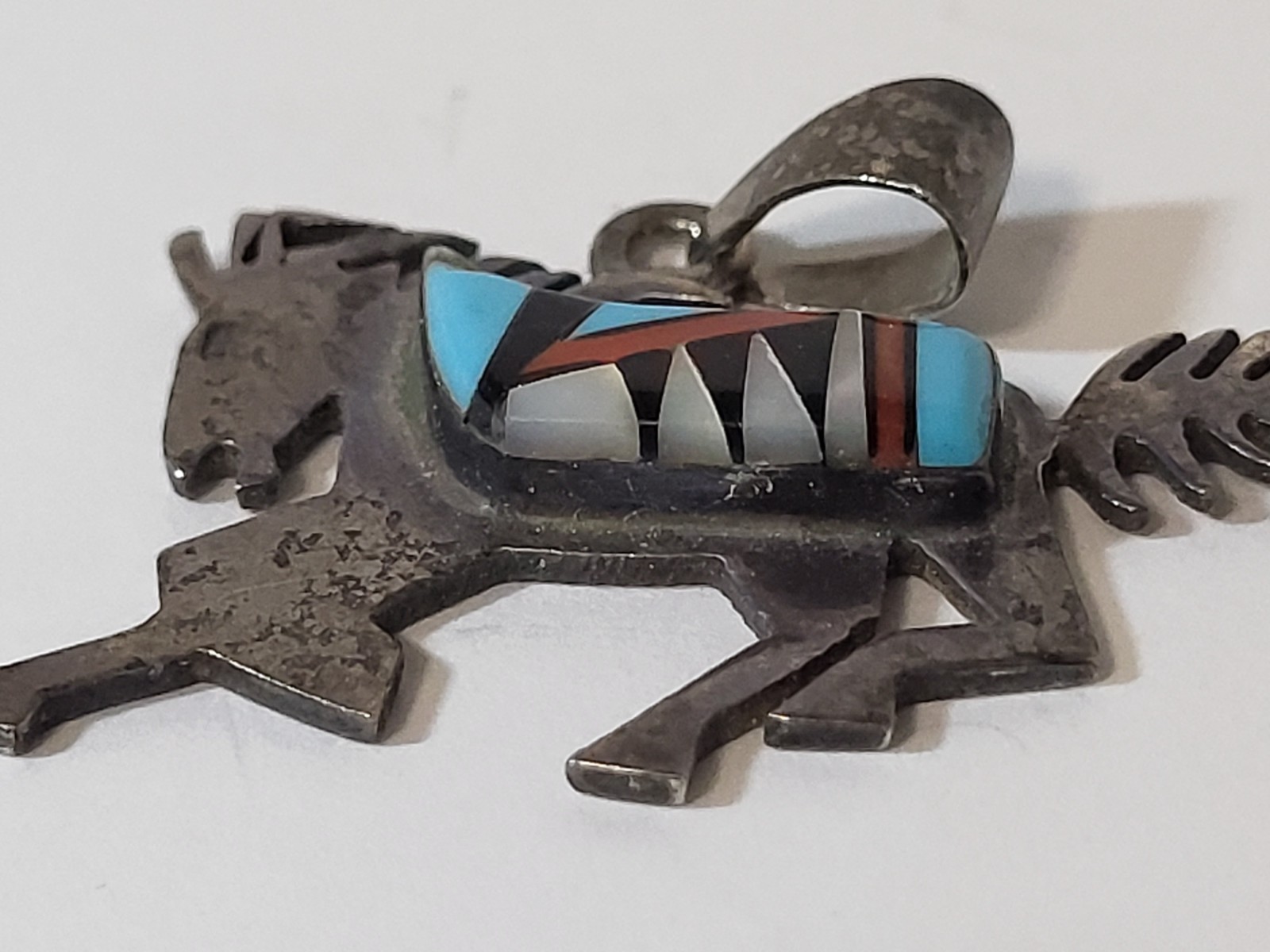 Vintage Larry Sandoval Sterling Silver Horse Pendant Inlay Turquoise Coral