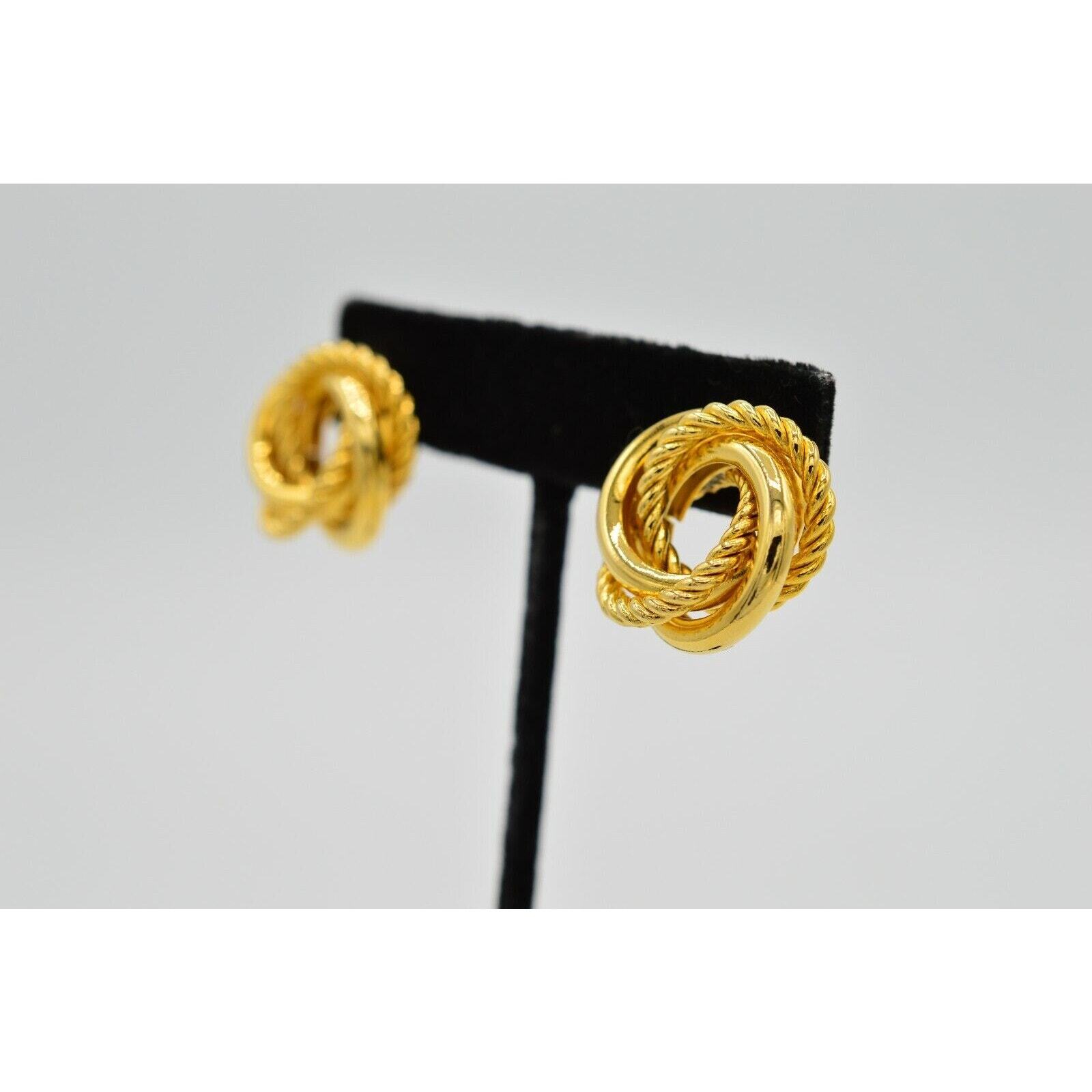 Vintage Round Knot Earrings Pierced Gold Tone Chunky Twisted Linked NOS 1980s