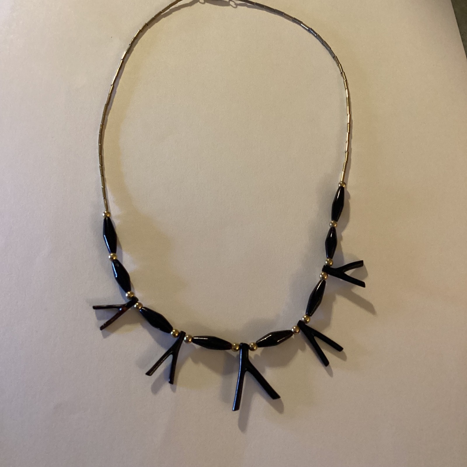 Vintage Black Coral Necklace Gold Tone Beads Mid Century Modern Statement