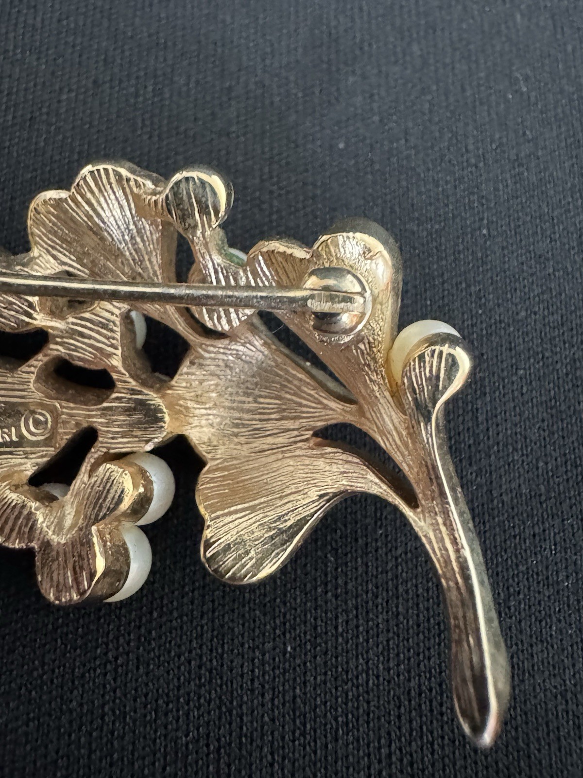 Vintage Crown Trifari Faux Pearl Berry Leaf Spray Brooch Gold Tone Textured Pin
