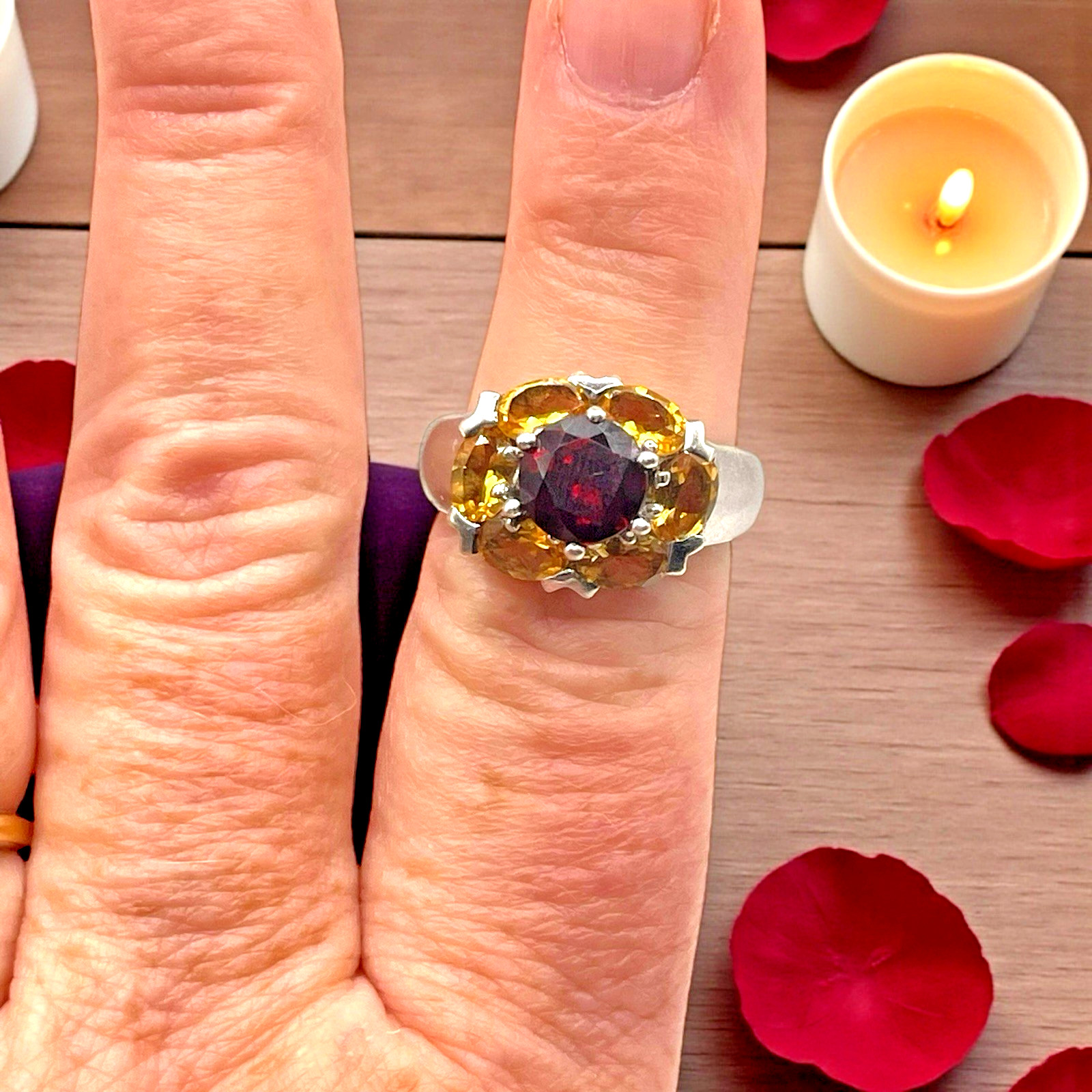 Estate Red & Yellow CZ Cluster 925 Sterling Silver Cocktail Ring, size 7