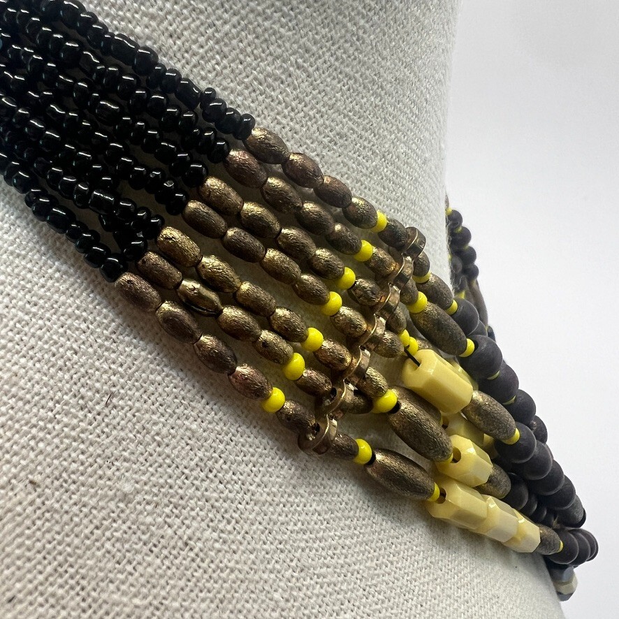 Vintage Boho Multi-Strand Necklace Yellow Black Natural Wood Seed Beads Earthy