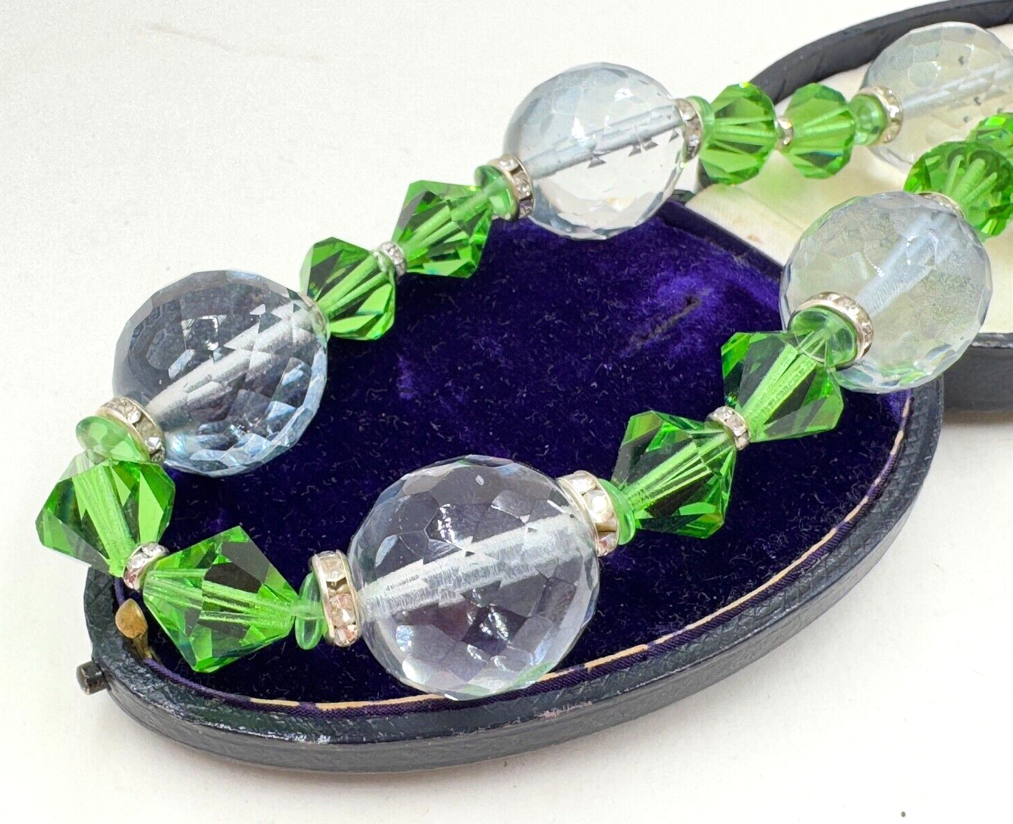LRG MOONSTONE CLR FACETED CRYSTAL BEADS VIVID GREEN BI CONE ROUNDEL SPC NECKLACE