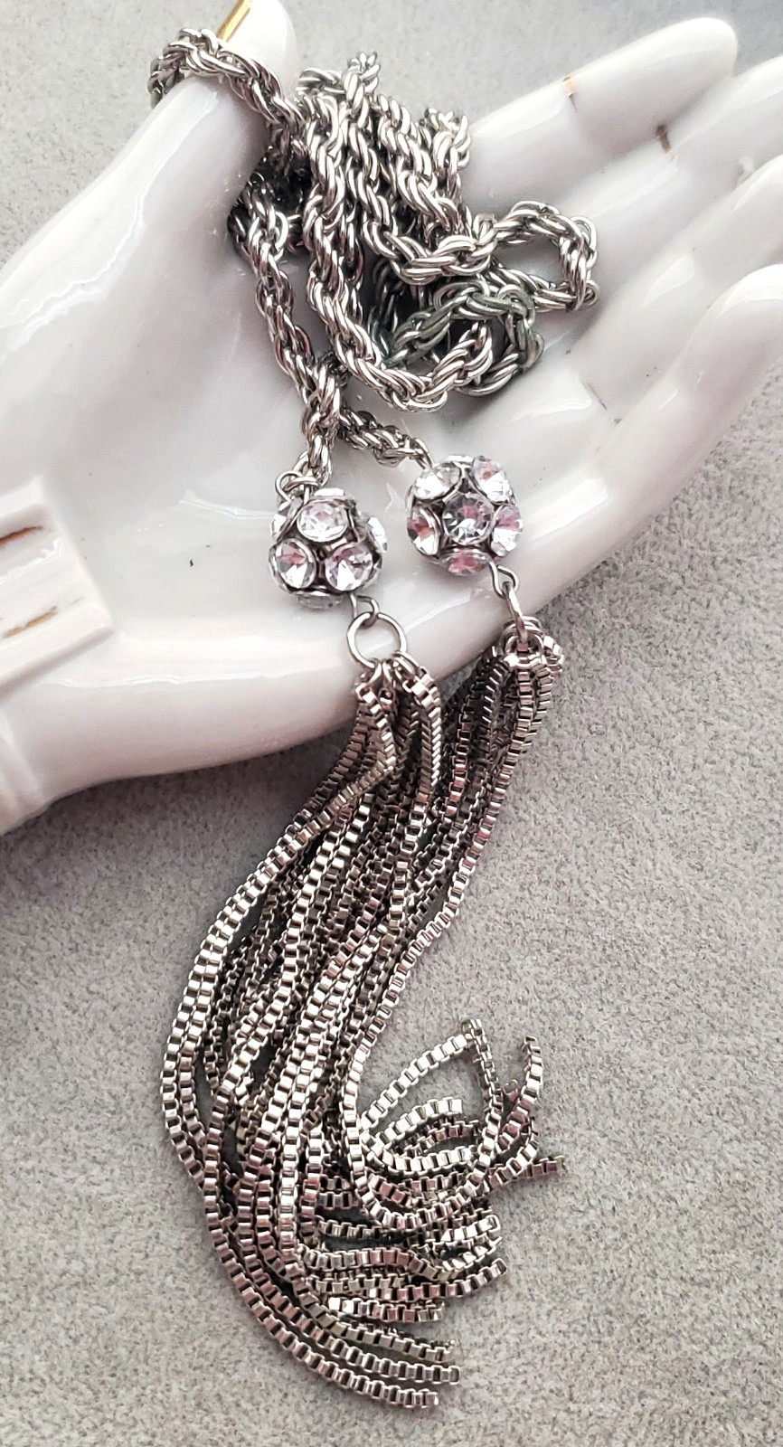 Vintage Rhinestone 5″ Tassel Runway Lariat Tie Wrap 48″ Rope Chain Necklace Belt