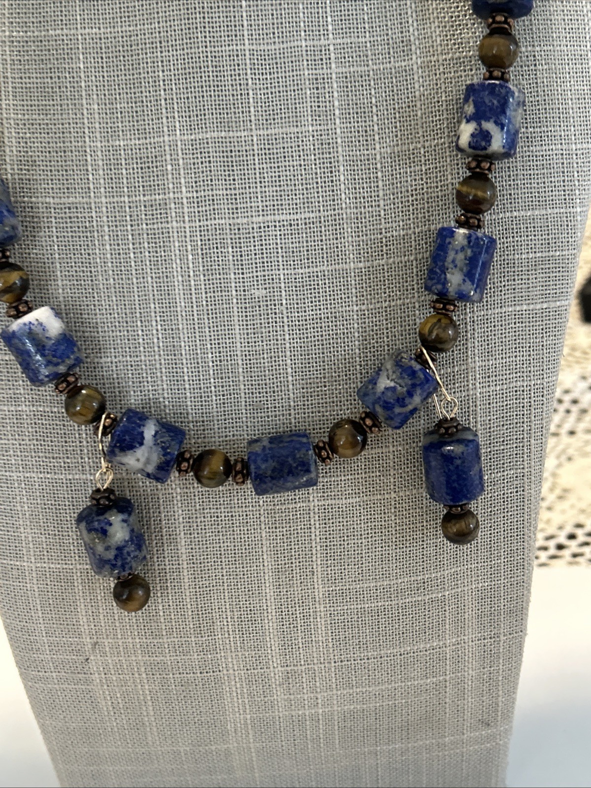 Lapis Lazuli & Tigers Eye Gems Necklace 20” Pierced Earrings 1 3/4” By 1/4”