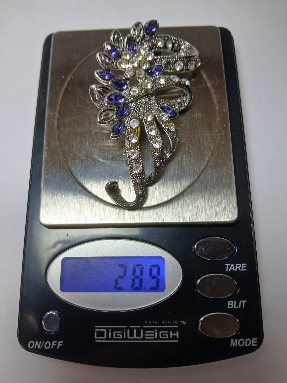 Vintage Floral Ribbon Brooch Pot Metal Pin Rhinestone Violet Blue Silver Tone