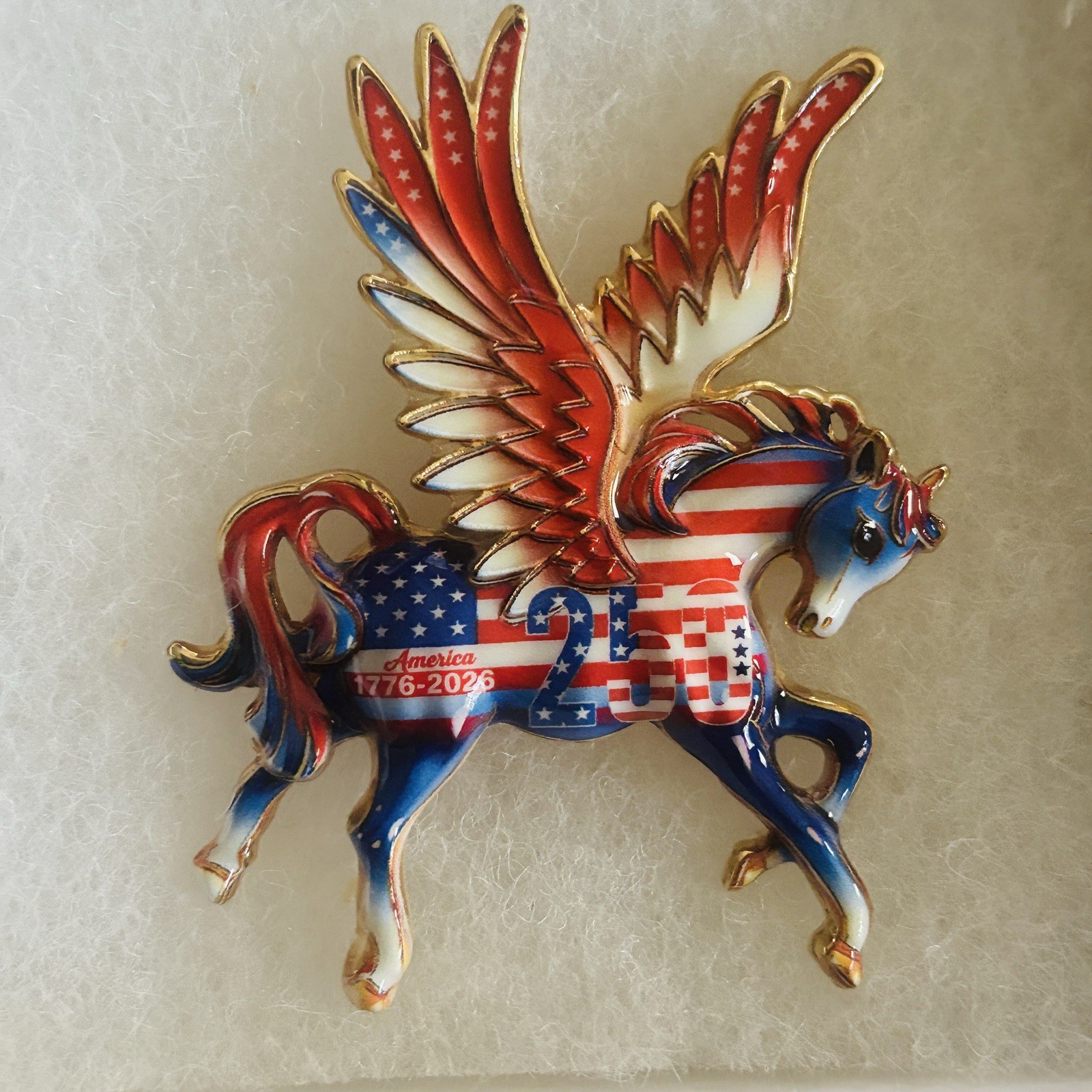 Flying Pegasus Unicorn Brooch Pin Red White Blue Floral Porcelain Style Gold NEW