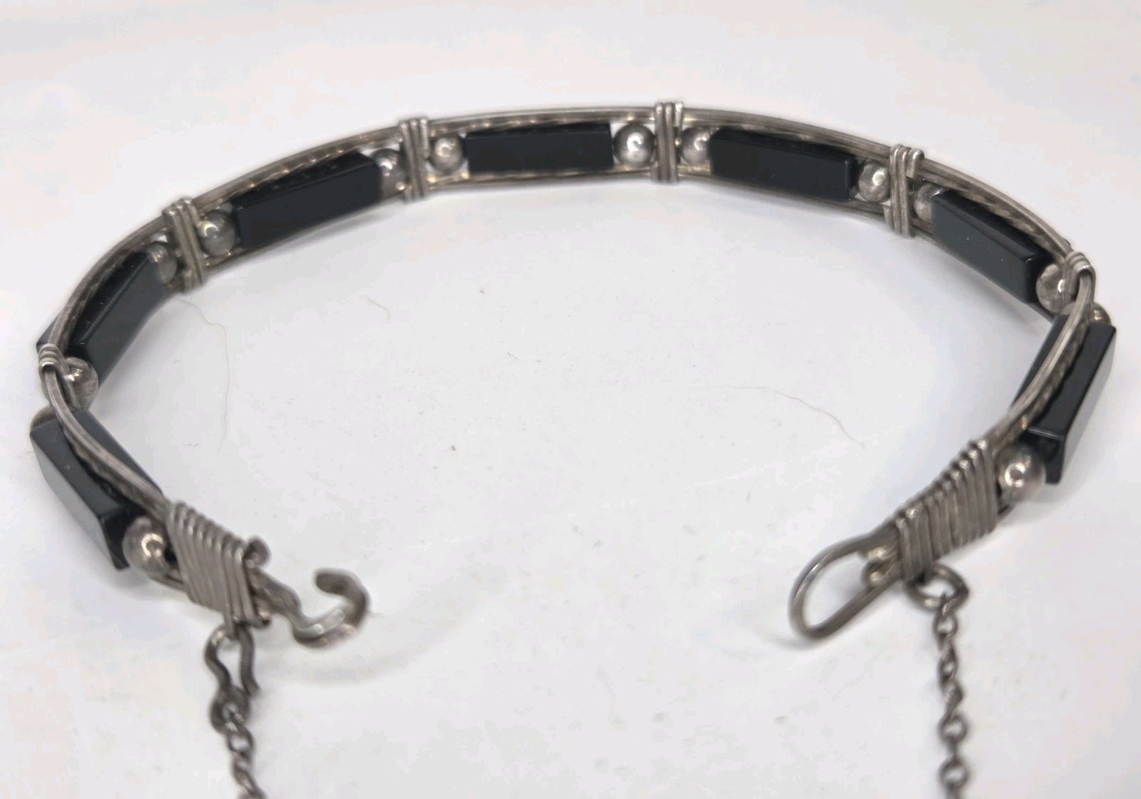Vintage Sterling Silver Black Onyx Wire Wrapped Link Bracelet
