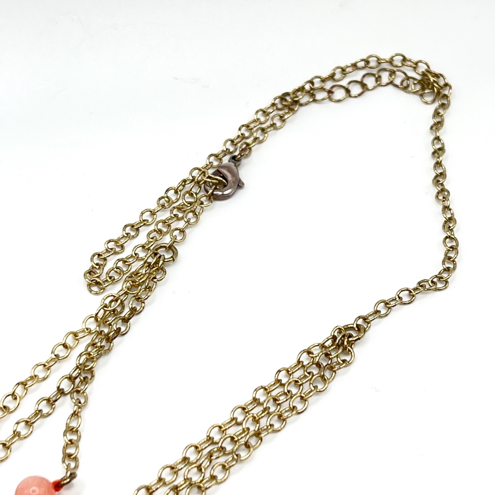 Vintage Orange Pink Stone Layered Knotted Bead Necklace w/ Faceted Pendant 21″
