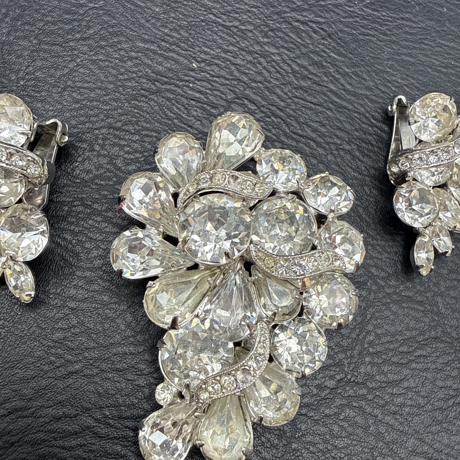 Vintage Eisenberg Ice Rhinestone Brooch and Clip On Earrings Set Signed