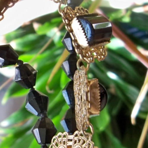 WOW 60″ BICONE flapper necklace lot mourning gold tone collar gothic revival