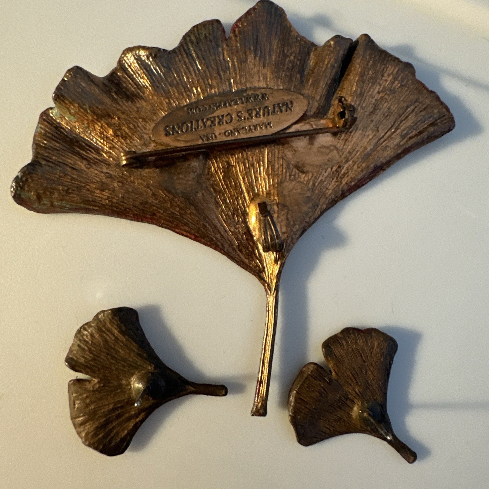 Vintage Nature’s Creations Jewelry Ginkgo Leaf Pin /pendant And 2 Pair Earrings