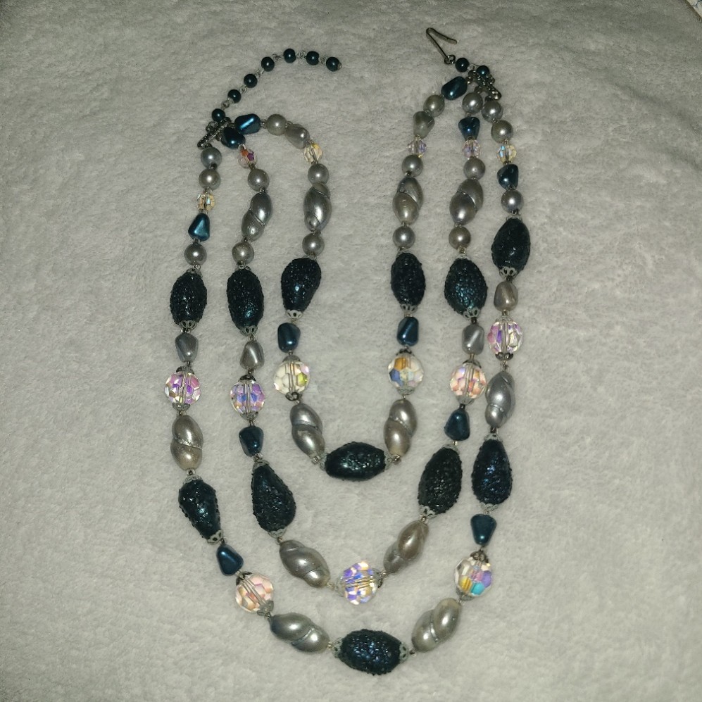 Vintage Multi-Strand Beaded Necklace Triple Strand Aurora Borealis Crystal Pearl