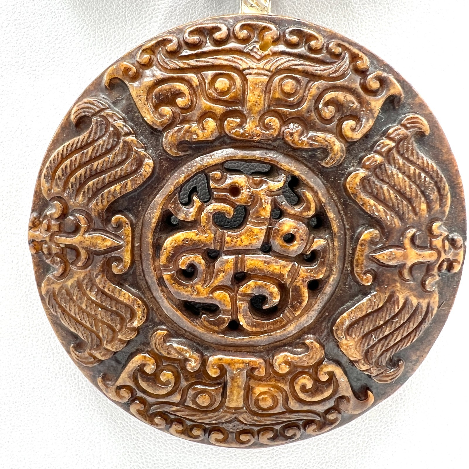 Chunky Vtg Artisan Carved Wood Bead Necklace-Asian Style Ceramic Medal Pendant