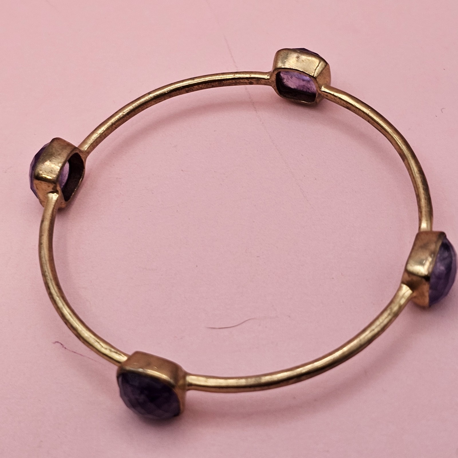 Vintage style brass amethyst bangle bracelet faceted purple stones 7.75″