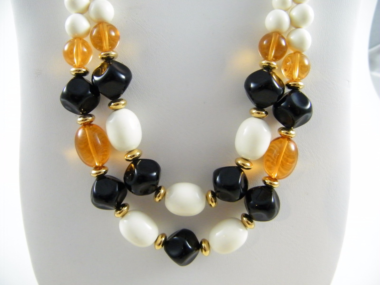 VINTAGE NEW TRIFARI~ CREAM / ORANGE / BLACK / GOLD TONE 24″ BEAD DOUBLE NECKLACE