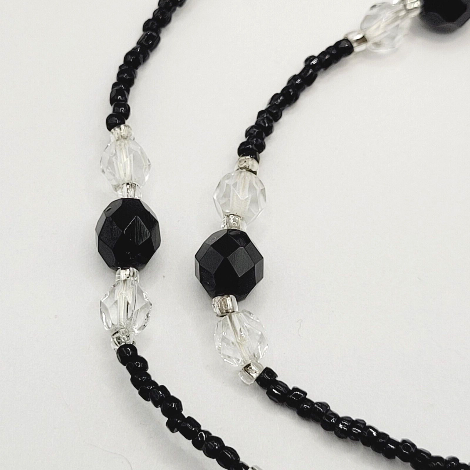 Modern Art Deco Black Clear Cut Crystal Bead Silver Tone Vintage Necklace 31 in